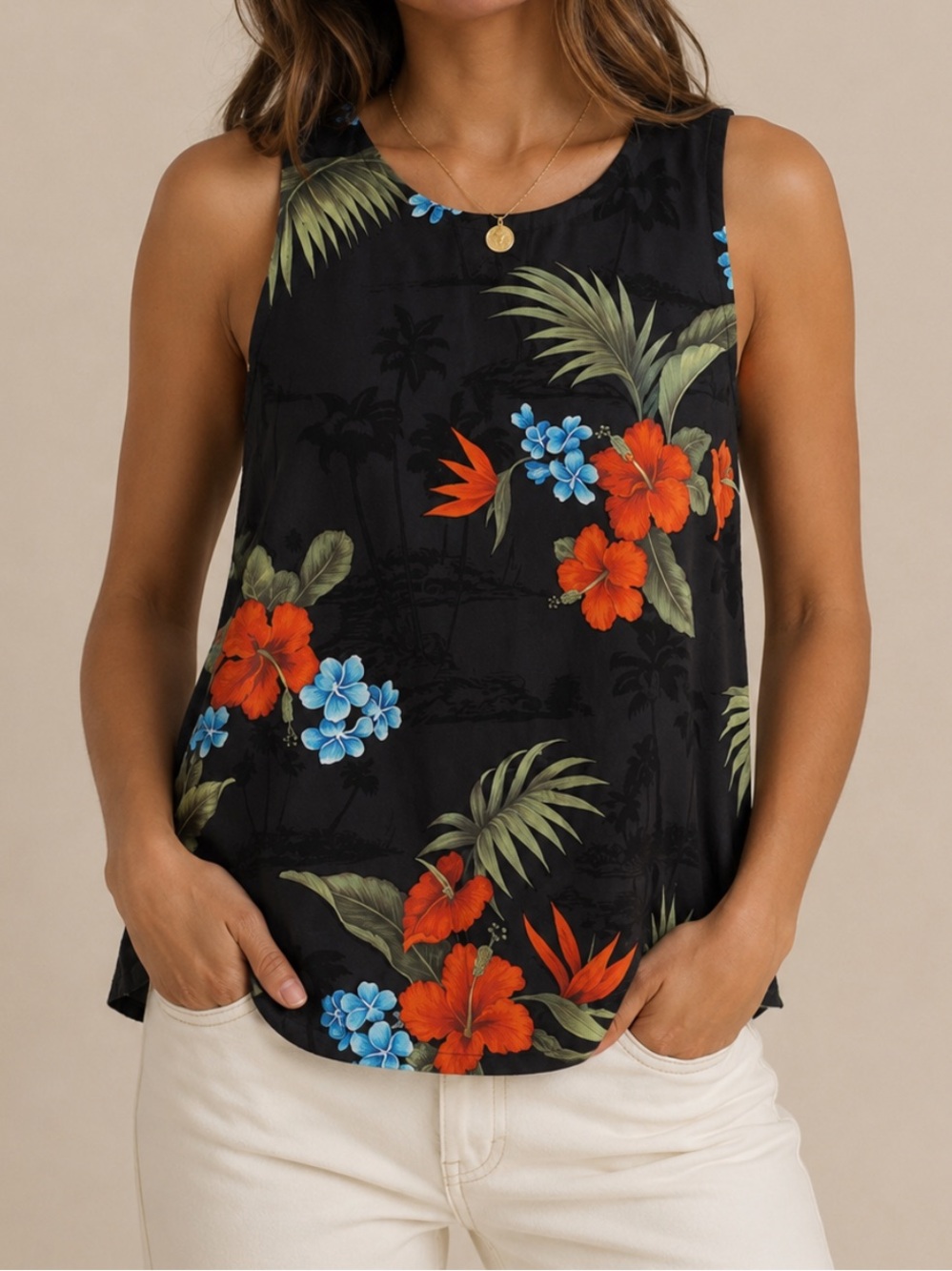 VEDA Silk Top Tropical Floral Back Cutout Sleeveless Small